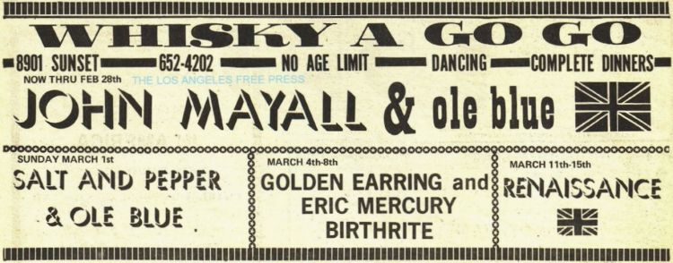 Small concert ad in LA Free Press March 01 1970 Golden Earring with Eric Mercury Birthrite